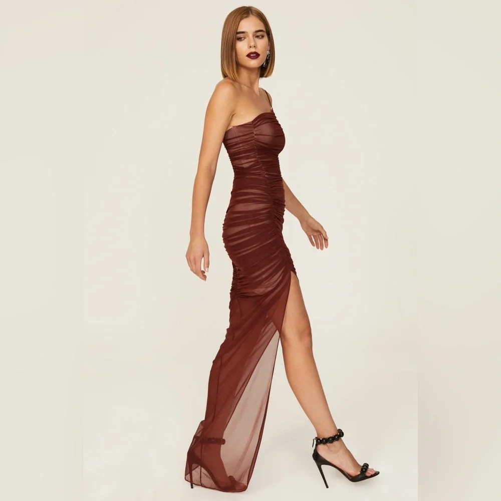 Nookie Sz Medium Brown Mecca Ruched Mesh One Shoulder Slit Sleeveless Gown sexy - Picture 2 of 7